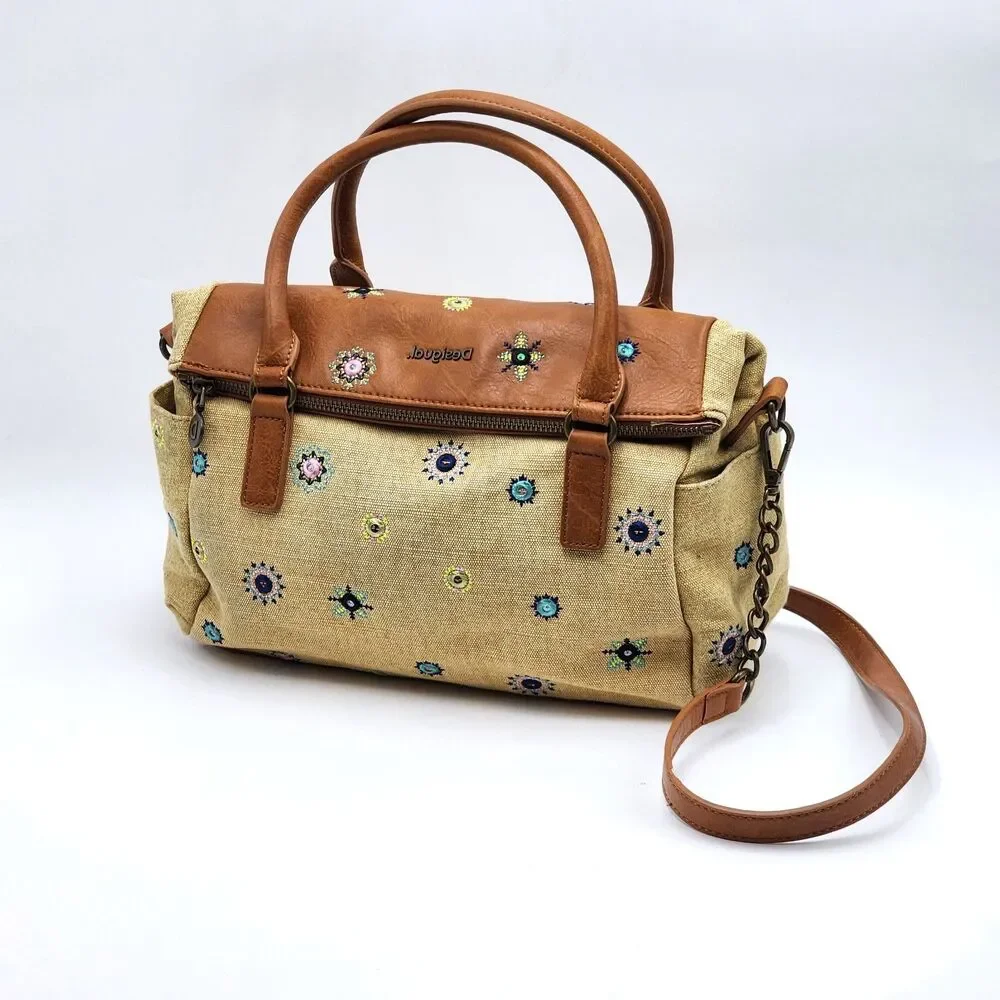 Desigual Mandalas Embroidered Julietta Loverty Canvas Satchel Bag Tan Brown HTF